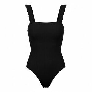 LE LIS Rib Knit Bodysuit Blouse Sz Large Ribbed Stretch Ruffle Strap Snap Crotch